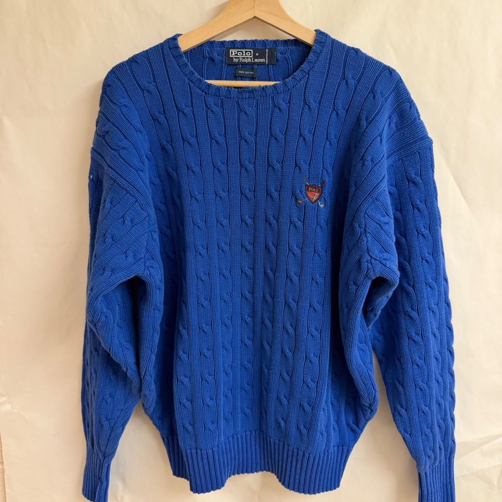 Polo Ralph Lauren Blue Cable Knit Chunk Sweater Mens XL Golf Crest Ivy Vintage - Picture 1 of 9